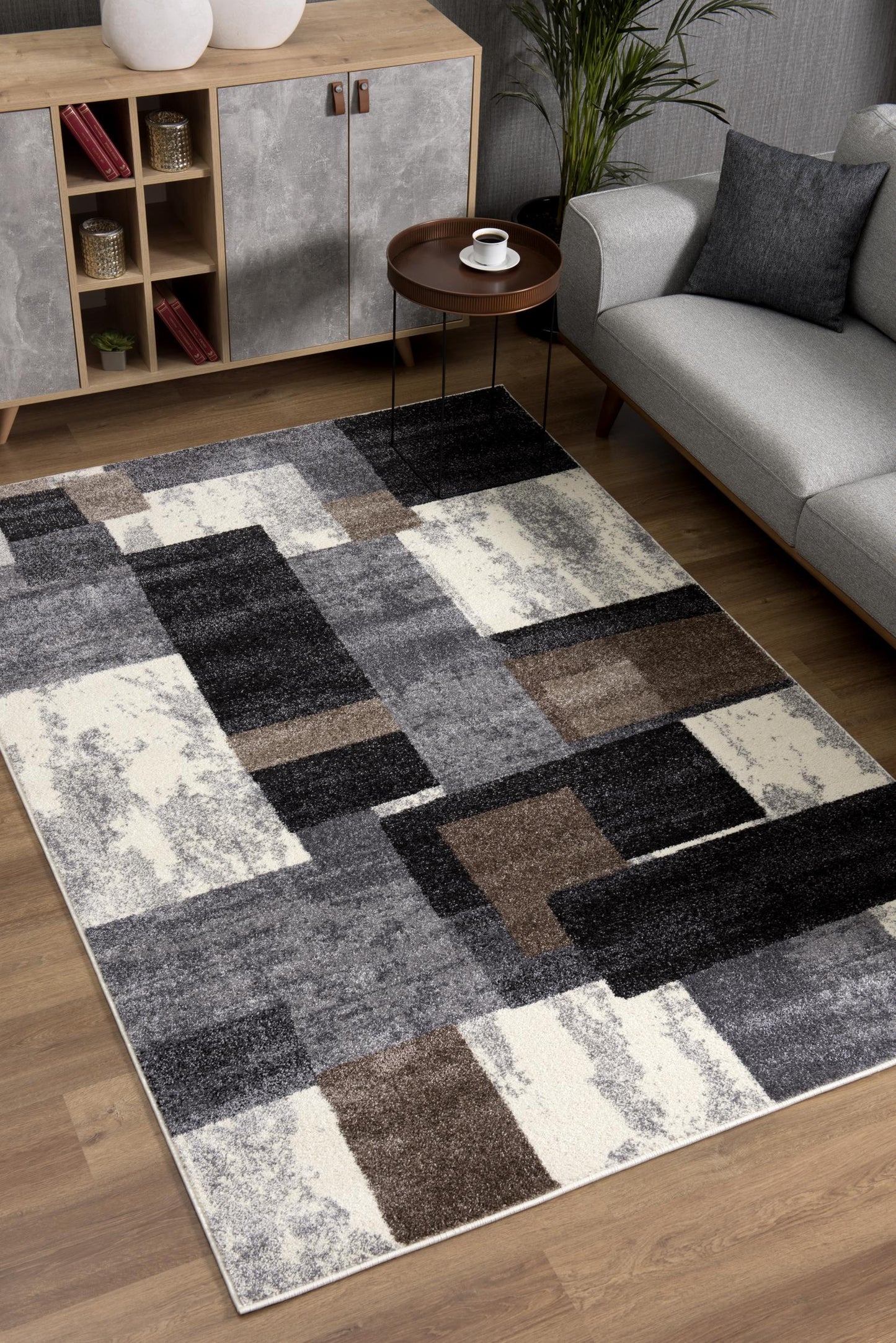 4' X 6' Gray Black and Brown Abstract Geometric Area Rug