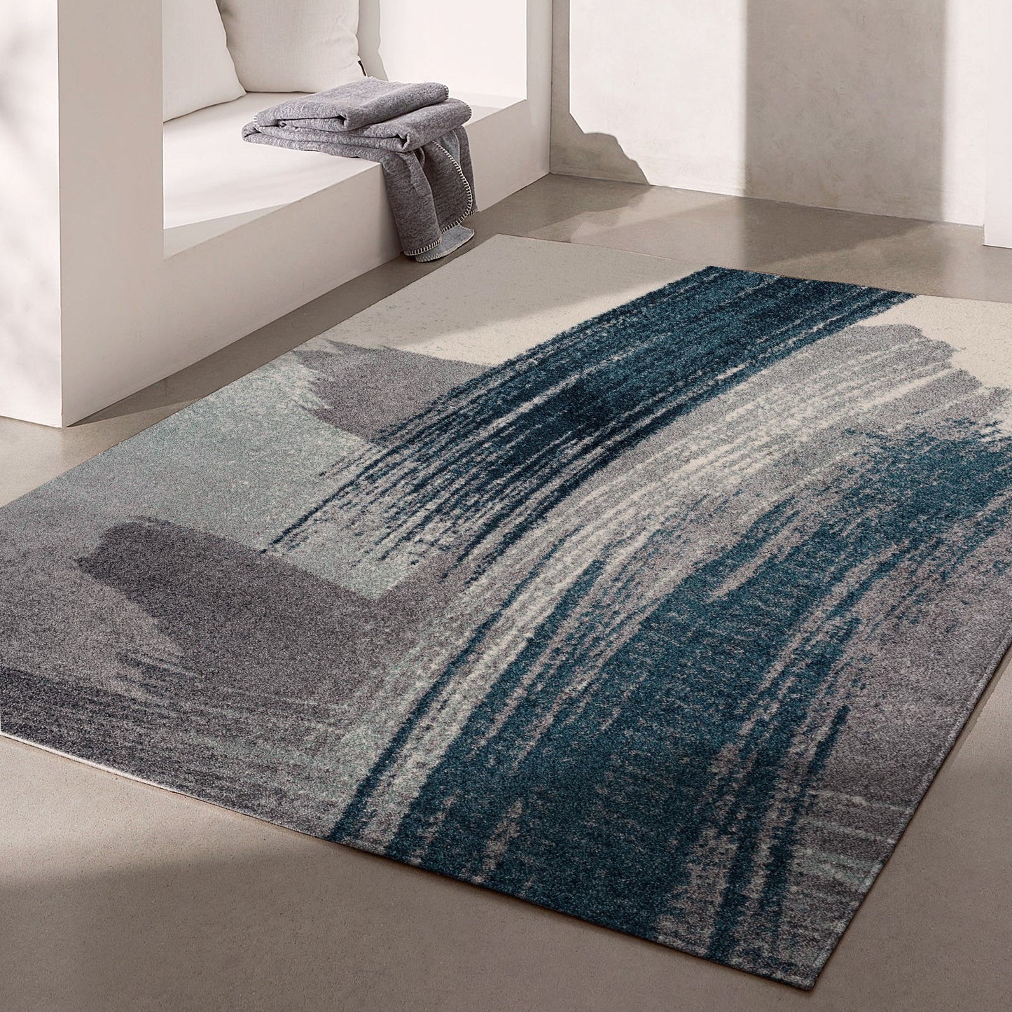 7' X 9' White And Blue Abstract Strokes Area Rug
