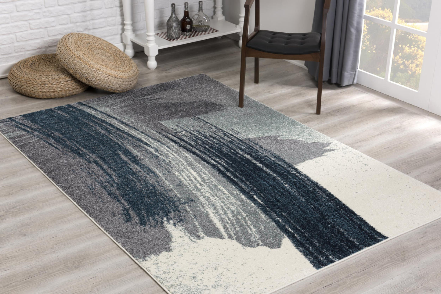 5' X 8' White And Blue Abstract Strokes Area Rug