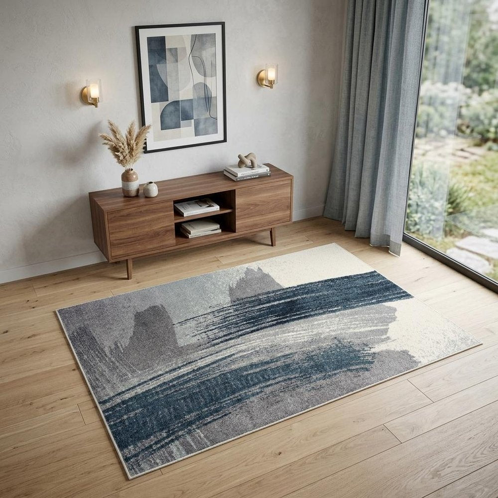 4' X 6' Blue and White Abstract Shag Power Loom Area Rug