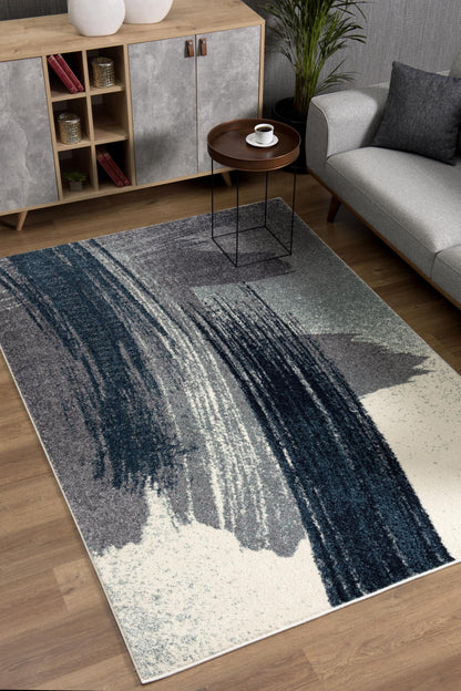 5' X 8' White And Blue Abstract Strokes Area Rug