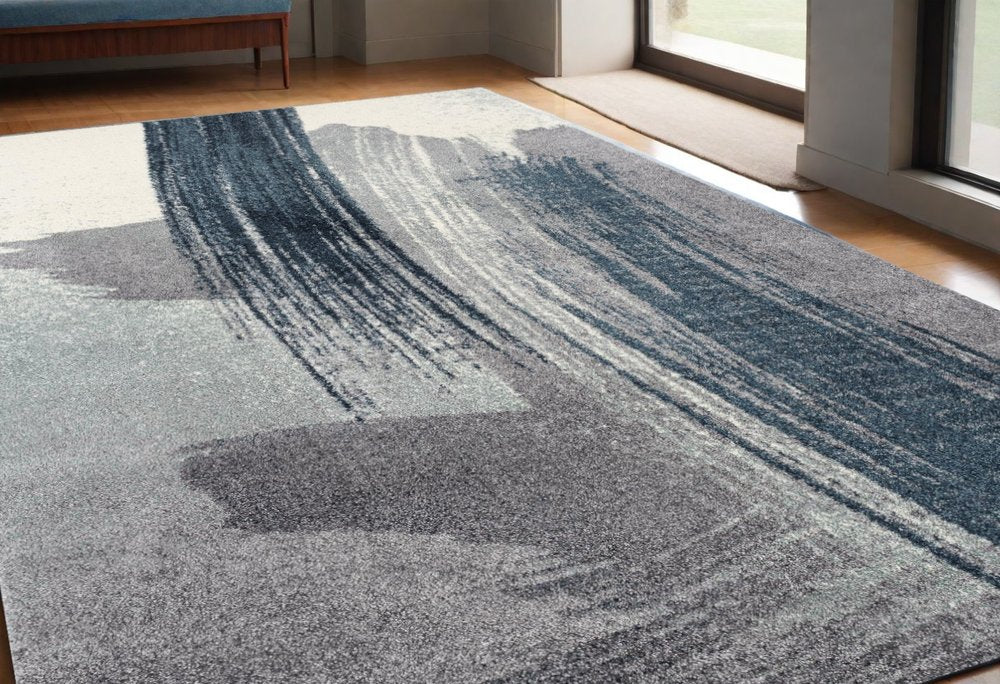 7' X 9' White And Blue Abstract Strokes Area Rug