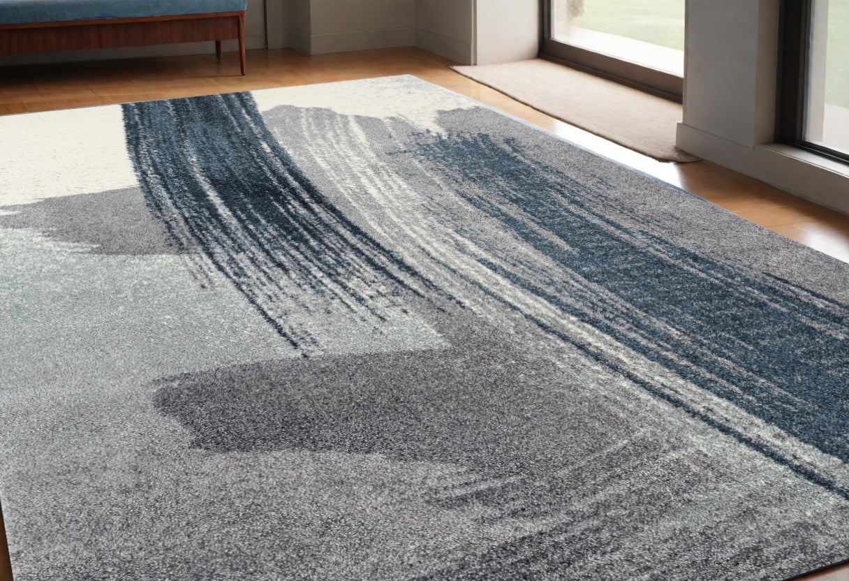 7' X 9' White And Blue Abstract Strokes Area Rug