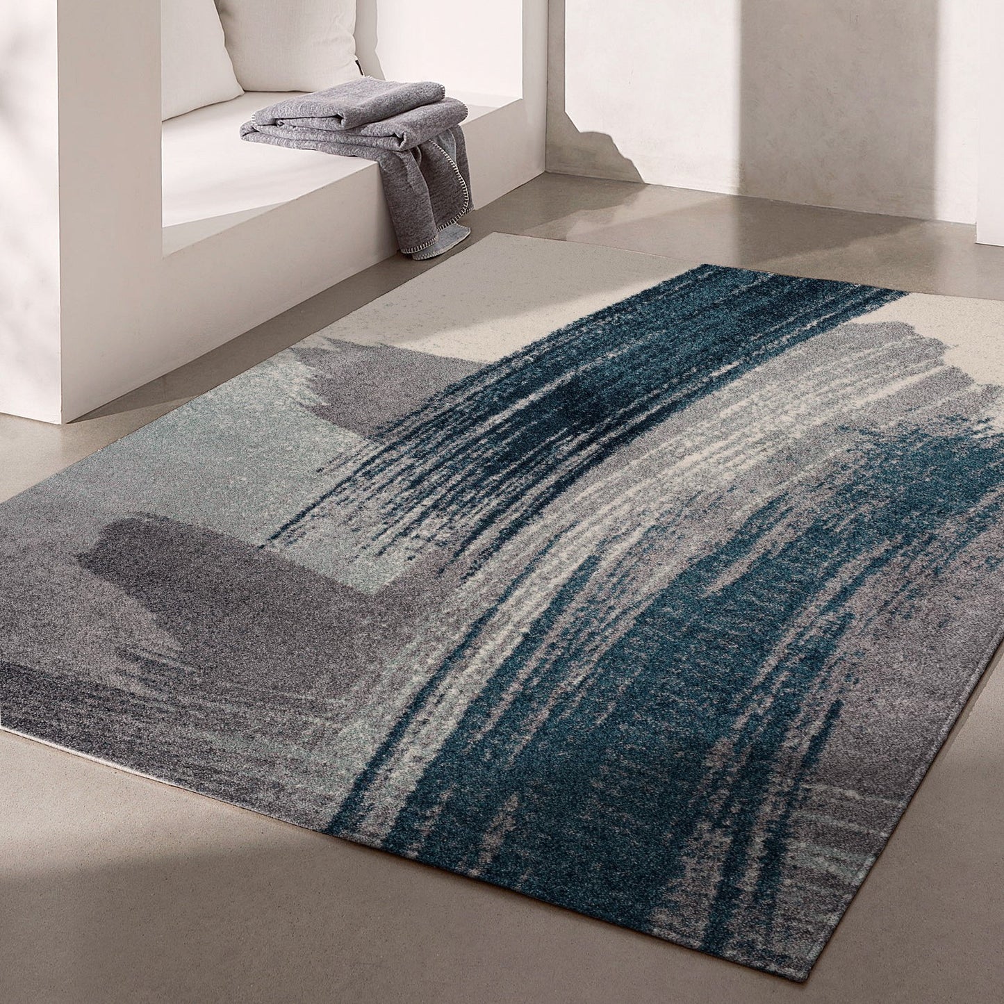 5' X 8' White And Blue Abstract Strokes Area Rug