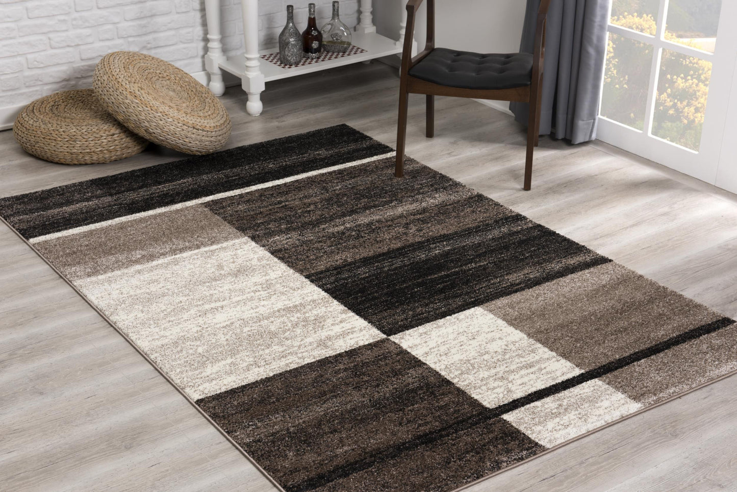 5' X 8' Brown And Beige Abstract Blocks Area Rug