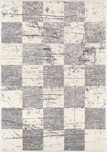 7' X 9' Gray and White Checkered Power Loom Distressed Area Rug