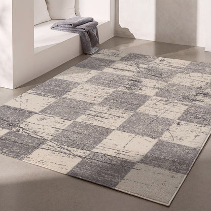 5' White Round Checkered Power Loom Area Rug