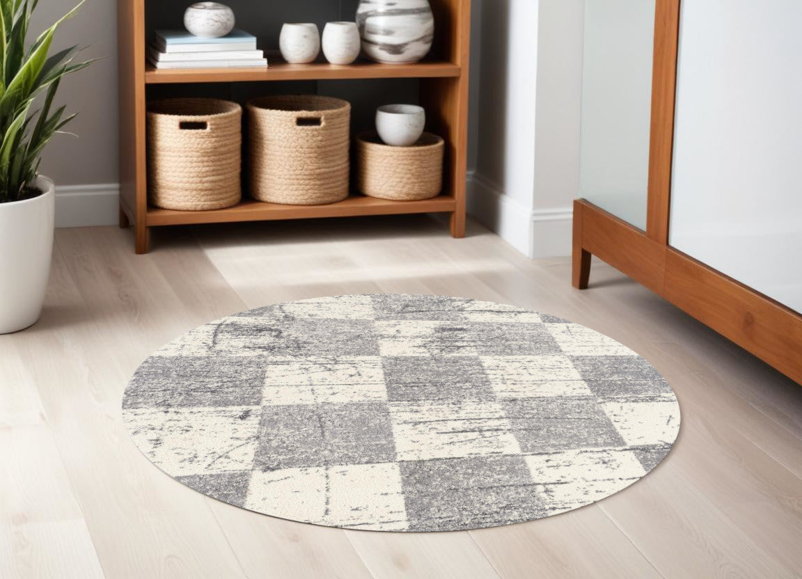 5' White Round Checkered Power Loom Area Rug