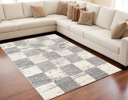 5' White Round Checkered Power Loom Area Rug