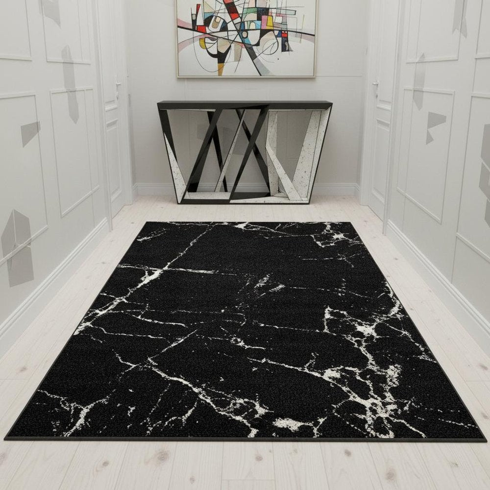 8' X 11' Black And White Abstract Breakage Area Rug