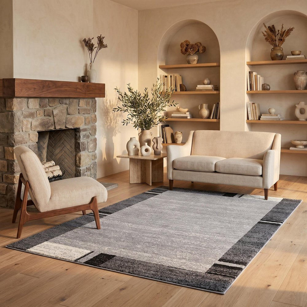 4' X 6' Gray Modern Bordered Area Rug