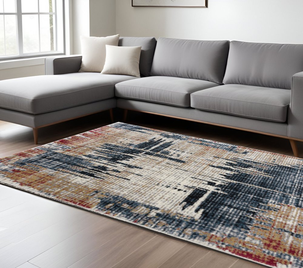4' X 6' Blue And Ivory Abstract Area Rug