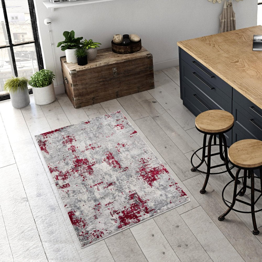 4' X 6' Red Abstract Dhurrie Area Rug