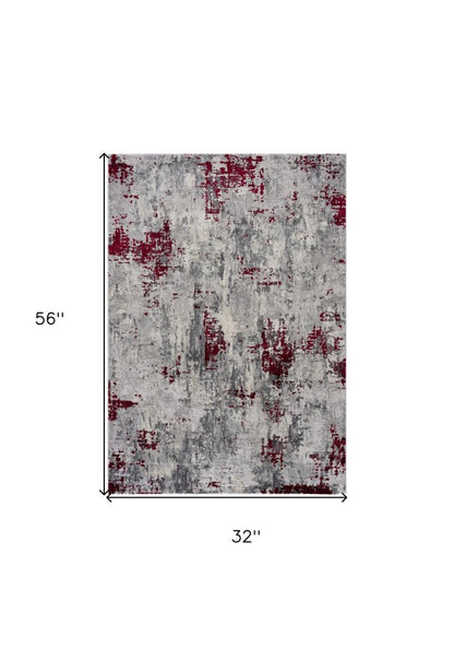 5' X 7' Red and Gray Abstract Area Rug