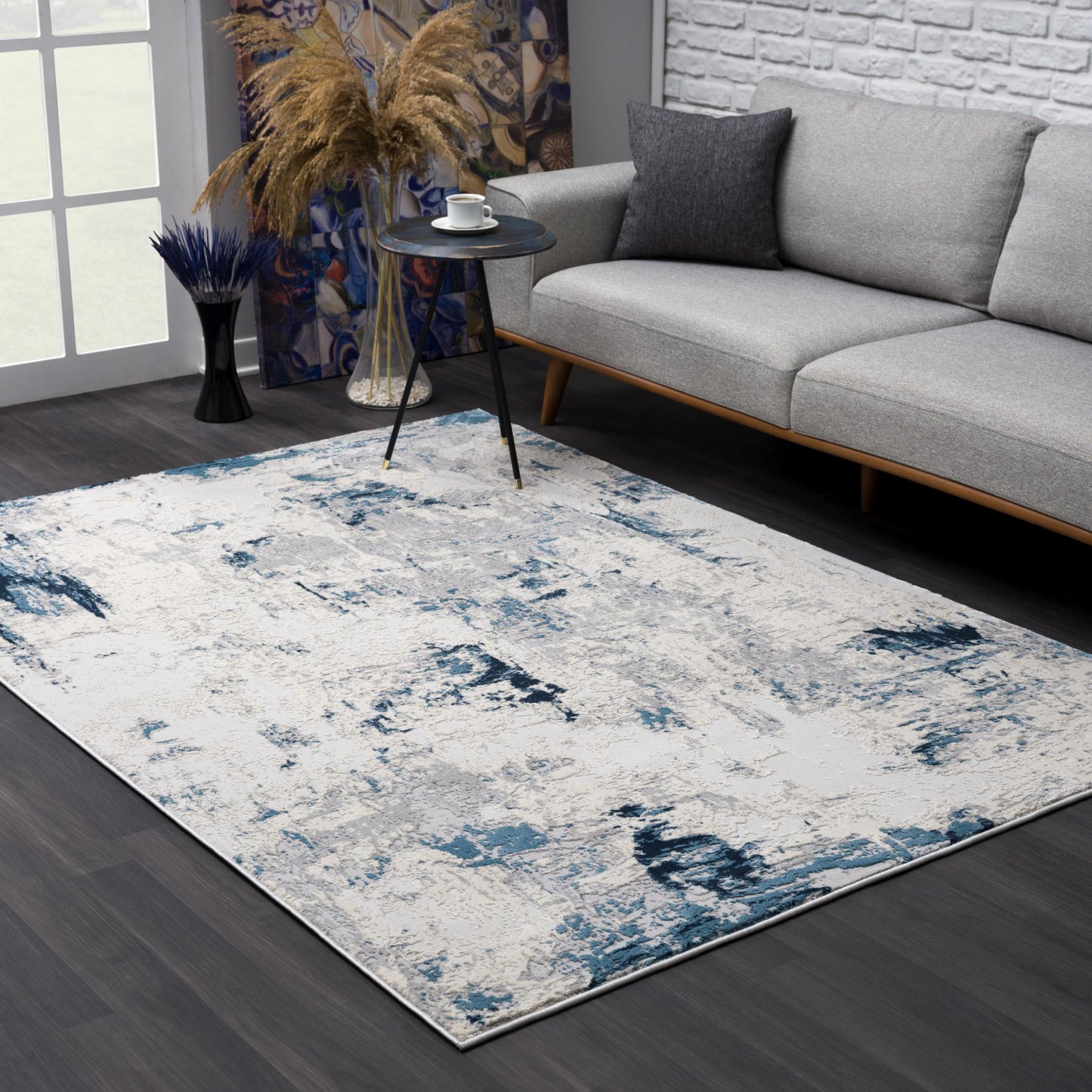 3' X 5' Blue And Ivory Abstract Strokes Area Rug