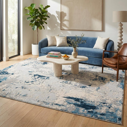 3' X 5' Blue And Ivory Abstract Strokes Area Rug
