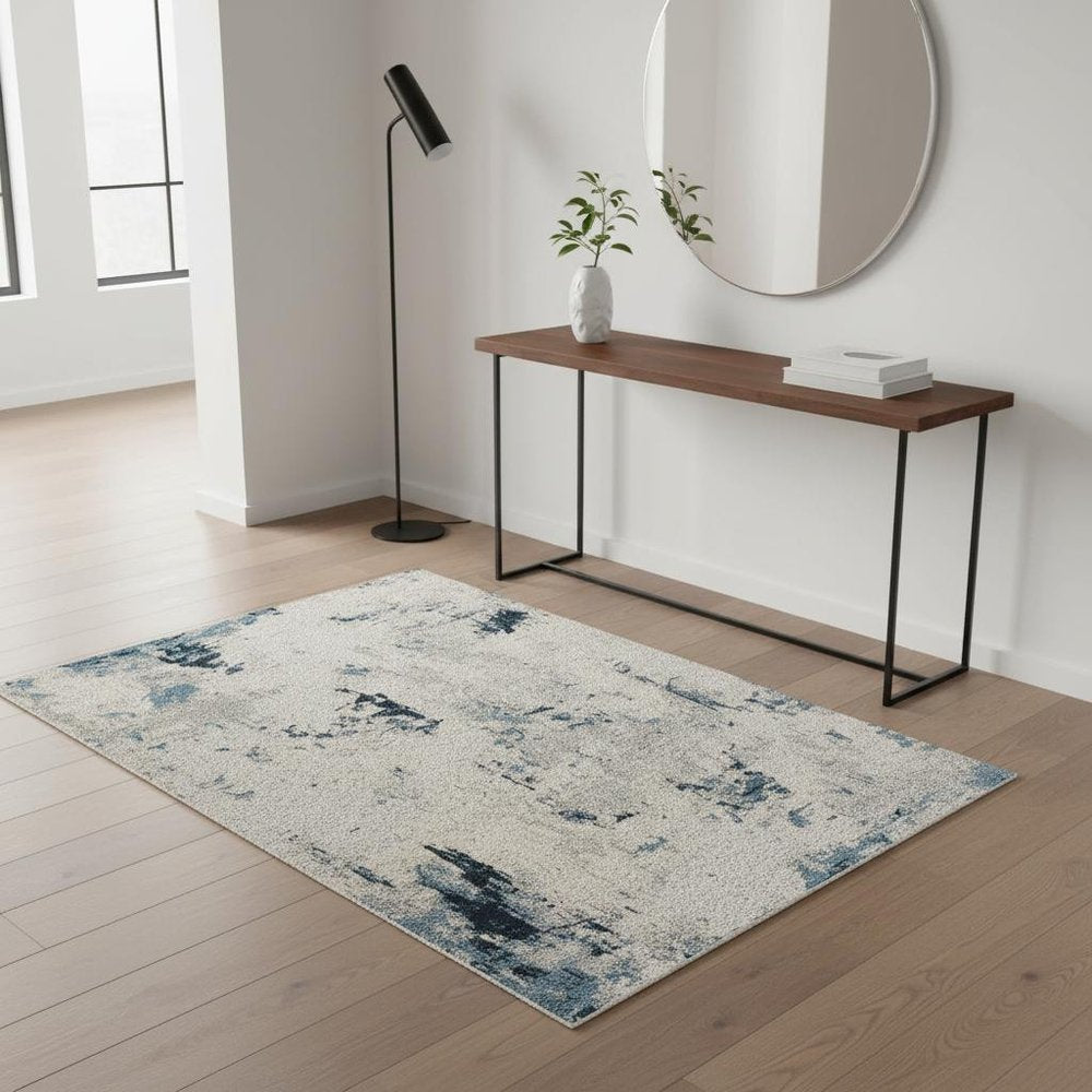 3' X 5' Blue And Ivory Abstract Strokes Area Rug