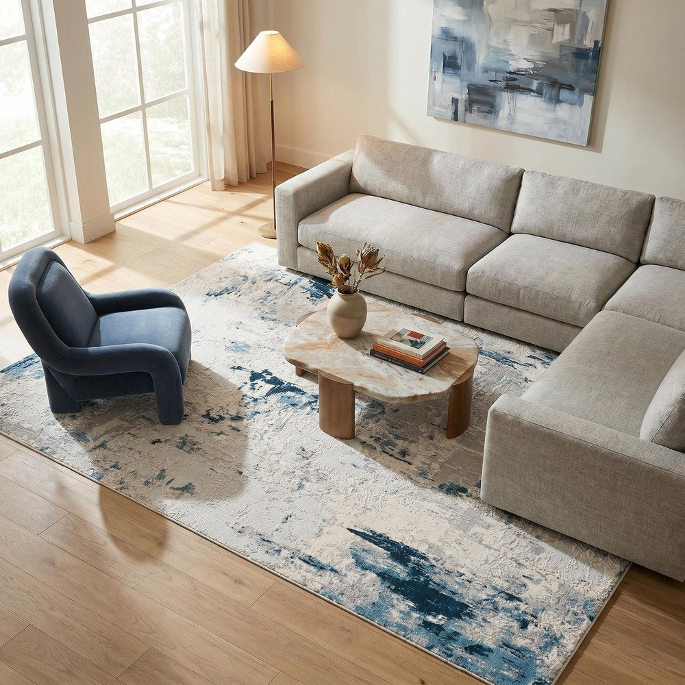 3' X 5' Blue And Ivory Abstract Strokes Area Rug