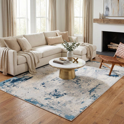 3' X 5' Blue And Ivory Abstract Strokes Area Rug