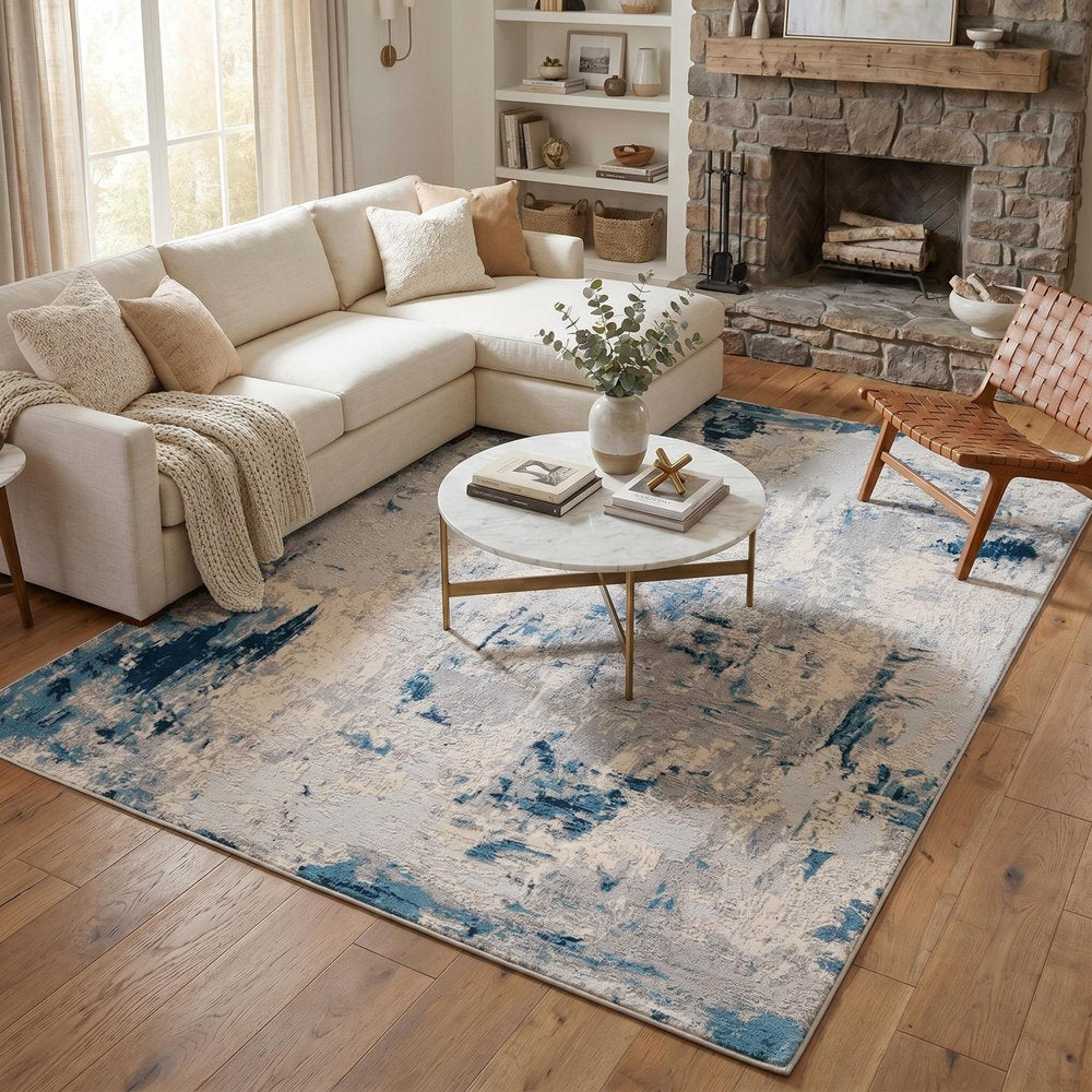 3' X 5' Blue And Ivory Abstract Strokes Area Rug
