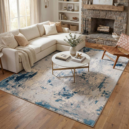 3' X 5' Blue And Ivory Abstract Strokes Area Rug