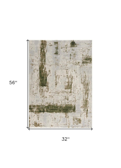 5' X 7' Green And Ivory Abstract Area Rug