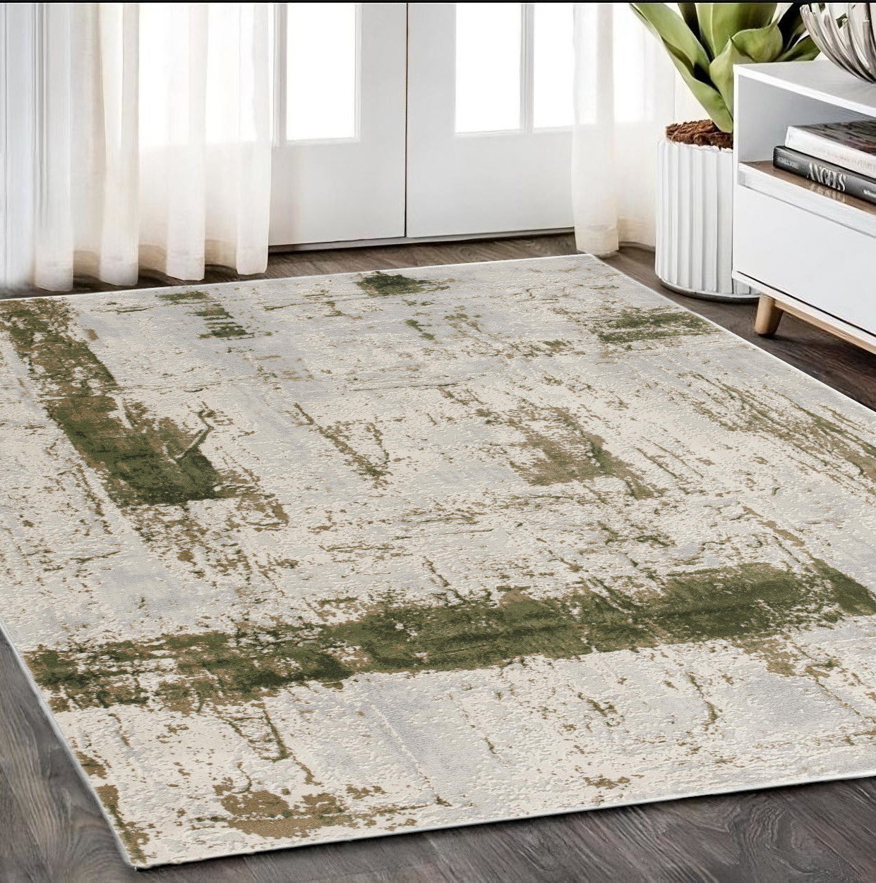 3' X 5' Green Abstract Dhurrie Area Rug