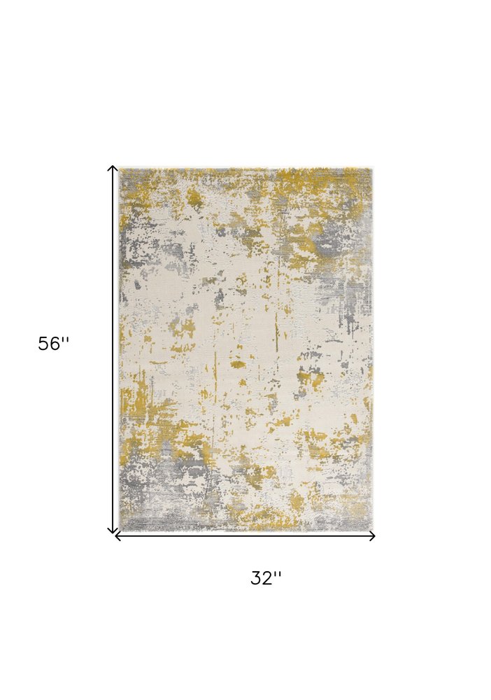 3' X 5' Gold And Gray Abstract Distressed Area Rug
