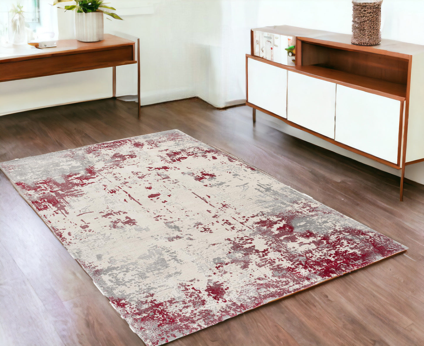 3' X 5' Red Abstract Dhurrie Area Rug