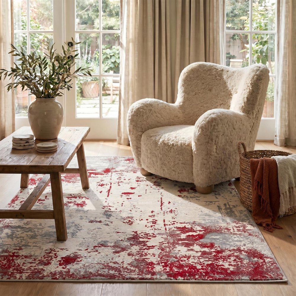 8' X 10' Red And Gray Abstract Shag Area Rug