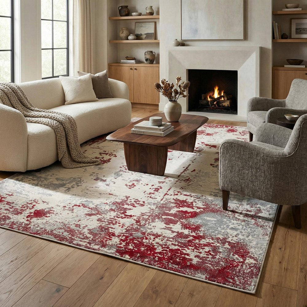 8' X 10' Red And Gray Abstract Shag Area Rug