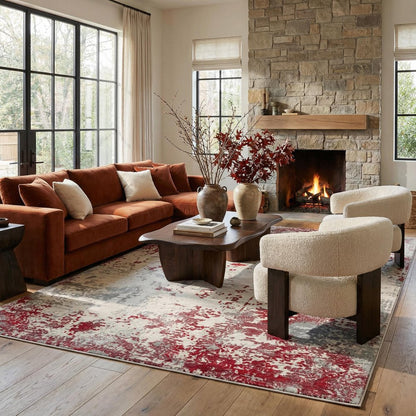 8' X 10' Red And Gray Abstract Shag Area Rug