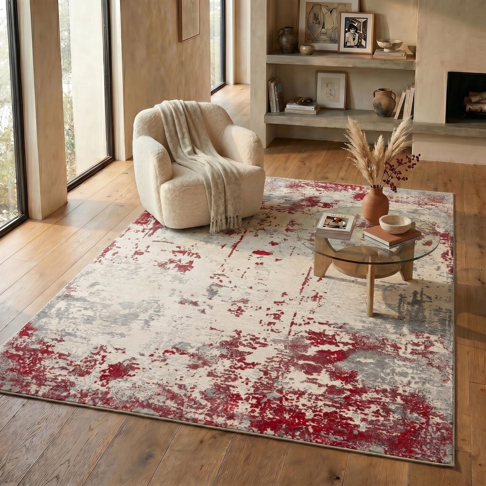 8' X 10' Red And Gray Abstract Shag Area Rug