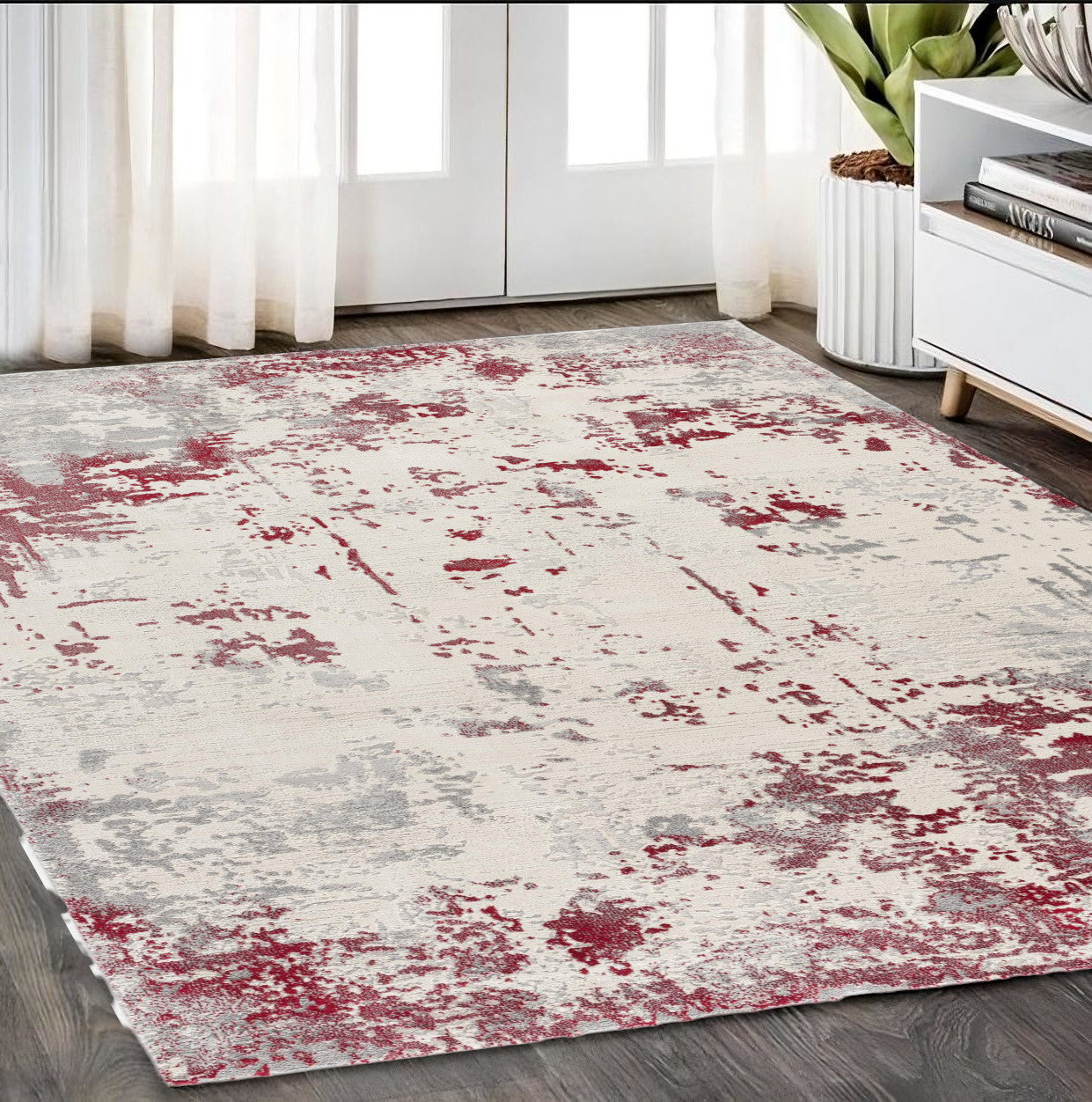 3' X 5' Red Abstract Dhurrie Area Rug