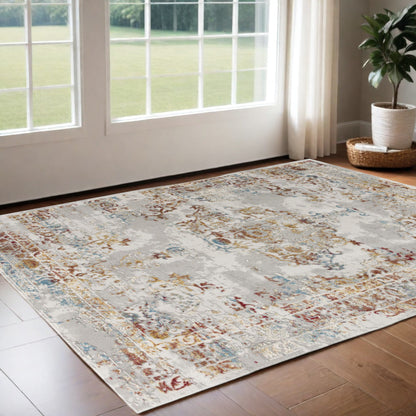 3' X 5' Gray And Beige Distressed Ornate Area Rug