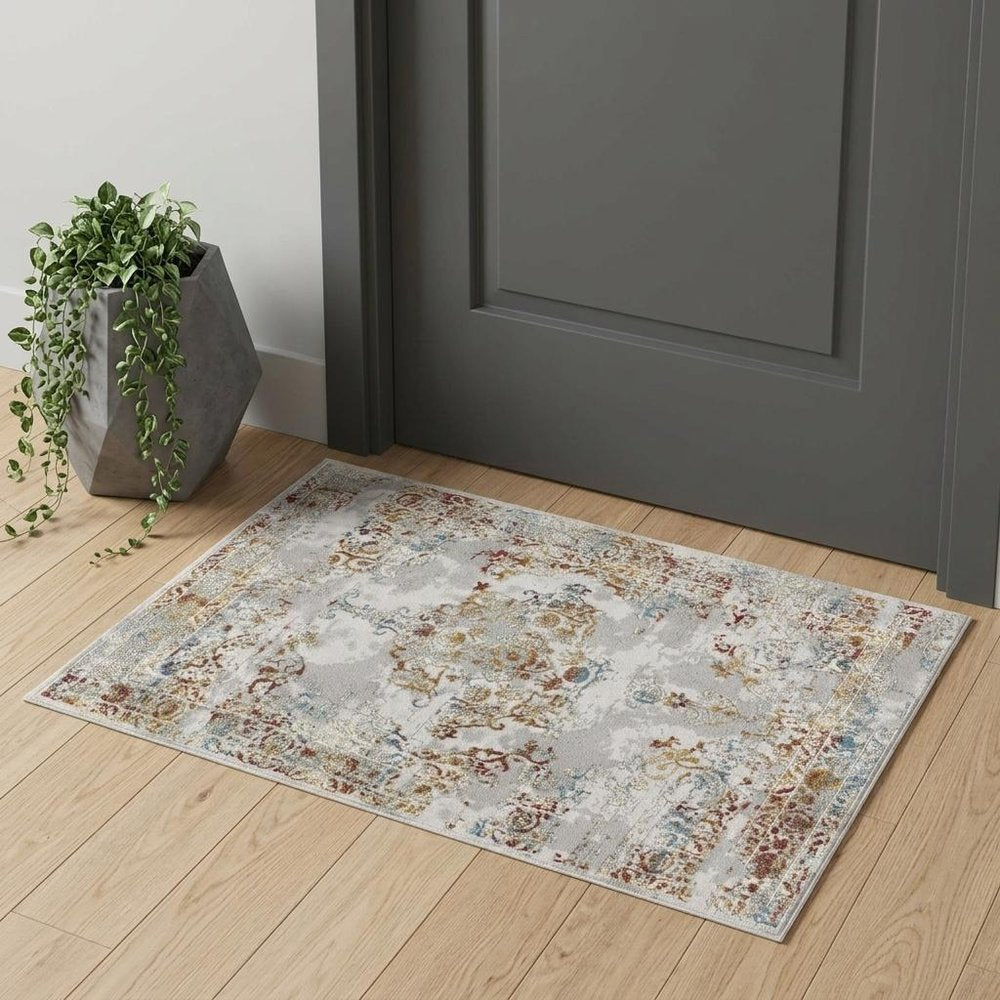 4' X 6' Gray And Beige Distressed Ornate Area Rug