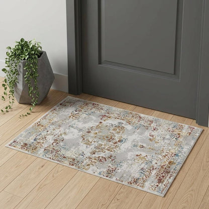 4' X 6' Gray And Beige Distressed Ornate Area Rug