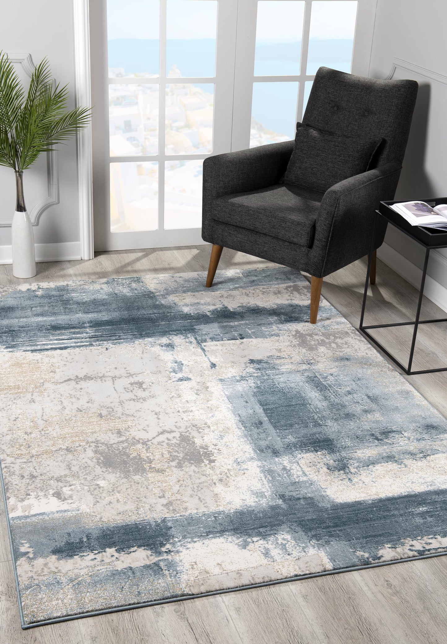 5' X 7' Blue And Ivory Abstract Dhurrie Area Rug