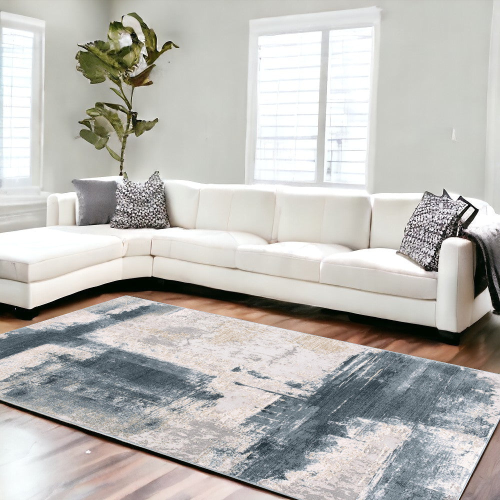 5' X 7' Blue And Ivory Abstract Dhurrie Area Rug