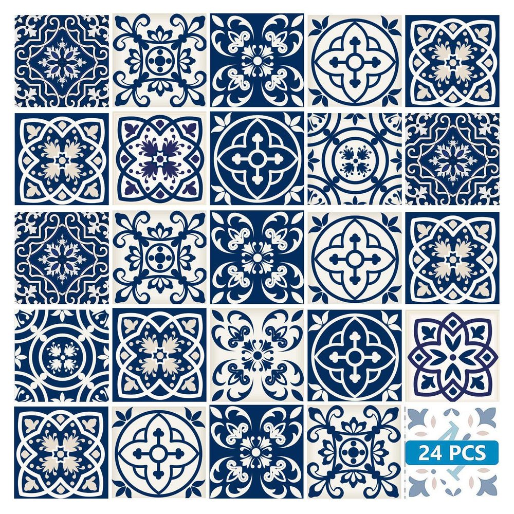 8" x 8" Blue And White Vinyl Peel And Stick Removable Tiles