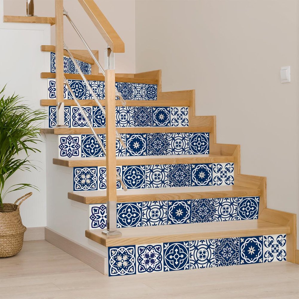 8" x 8" Blue And White Vinyl Peel And Stick Removable Tiles