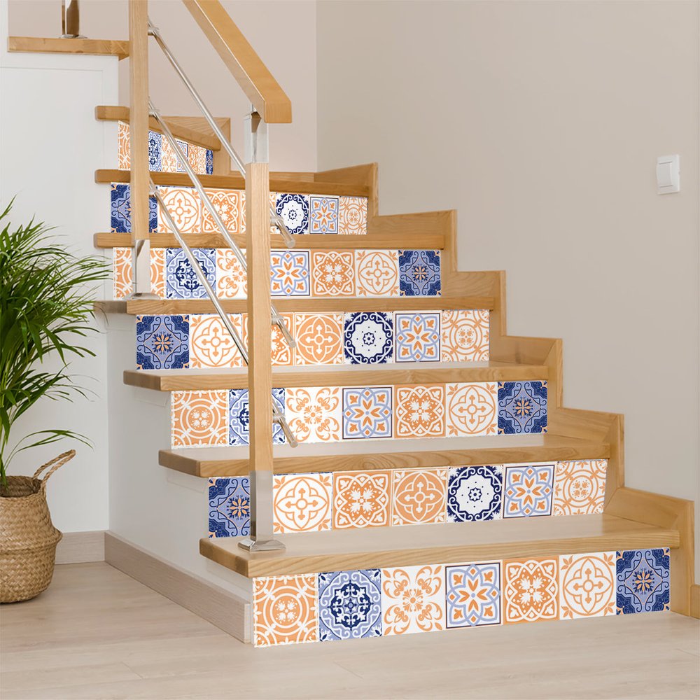 7" X 7" Yellow White And Blues Peel And Stick Removable Tiles