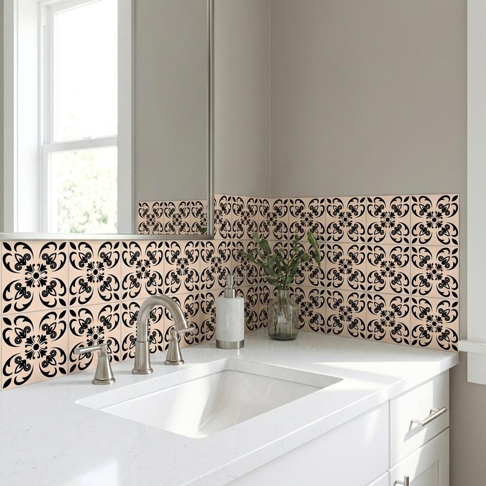 4" X 4" Cream And Black Mosaic Peel And Stick Removable Tiles
