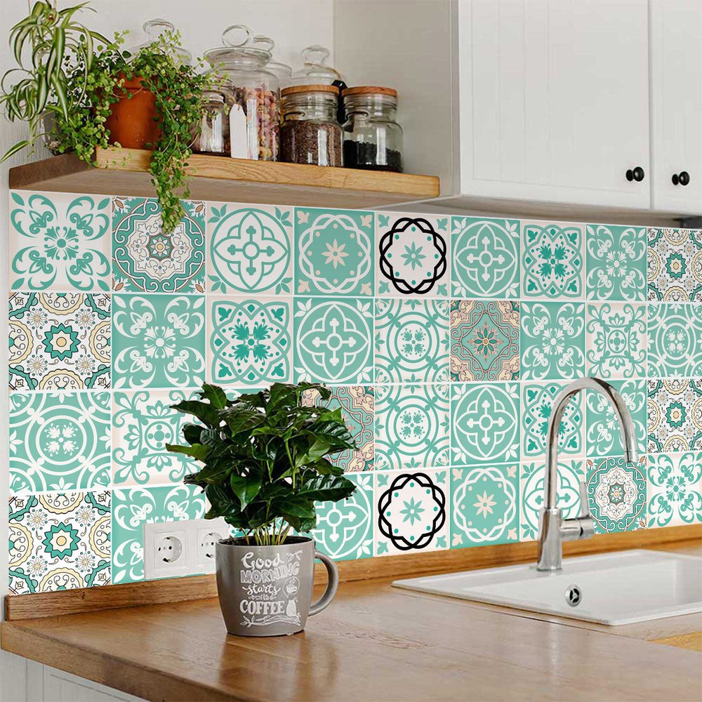 4" X 4" Aquamarine Mosaic Peel And Stick Removable Tiles