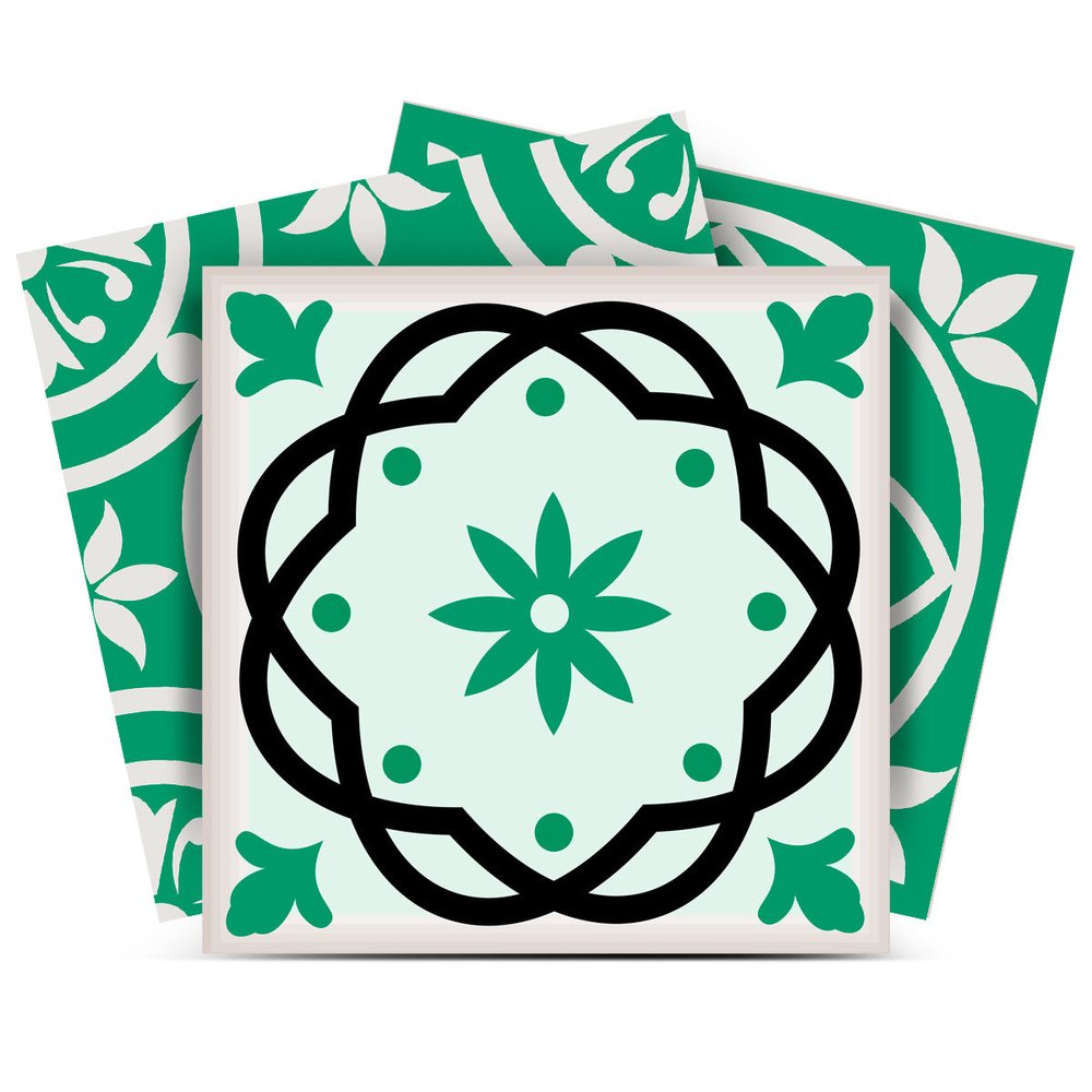 7" x 7" Green And White Vinyl Peel And Stick Removable Tiles