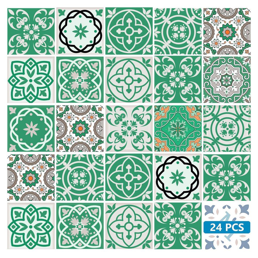 7" x 7" Green And White Vinyl Peel And Stick Removable Tiles