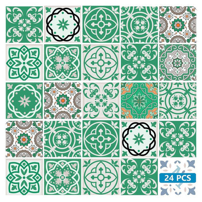 7" x 7" Green And White Vinyl Peel And Stick Removable Tiles