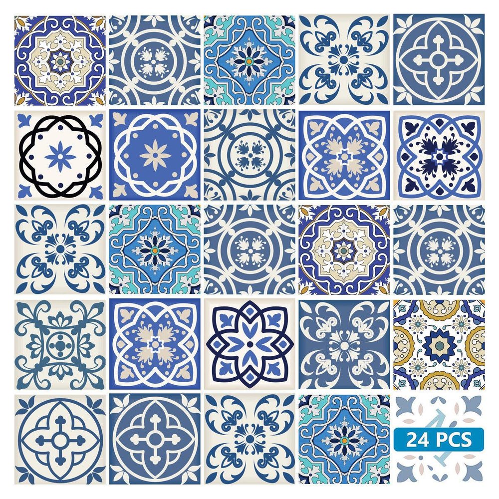 7" x 7" Blue And Gray Vinyl Peel And Stick Removable Tiles