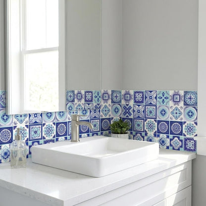 7" x 7" Blue And White Vinyl Peel And Stick Removable Tiles