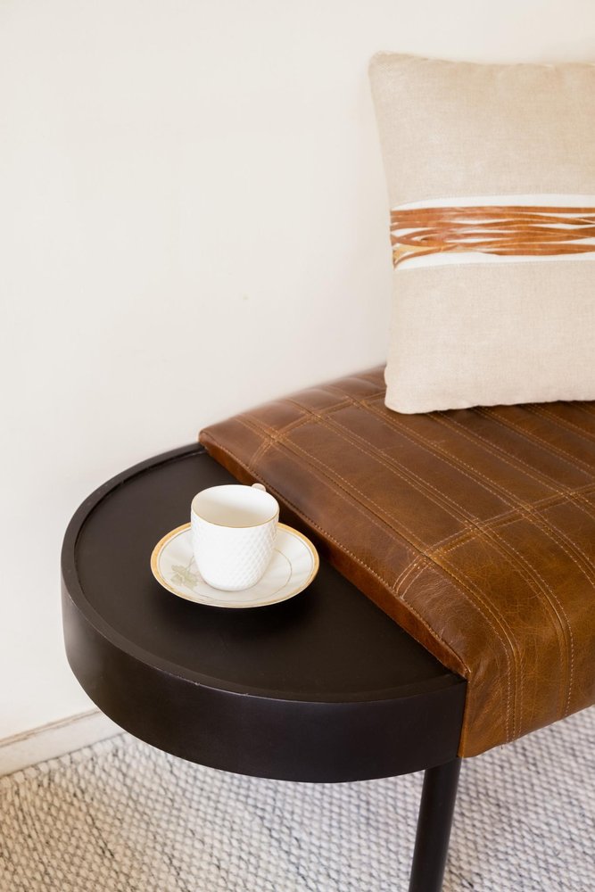 58" Brown And Black Genuine Leather And Solid Wood Upholstered Bench